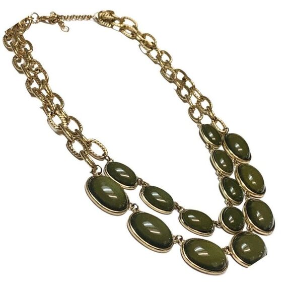 Vintage Olive Green Glass Beaded 2 Tier Chain Gold Tone Statement Necklace 20” - Picture 4 of 8